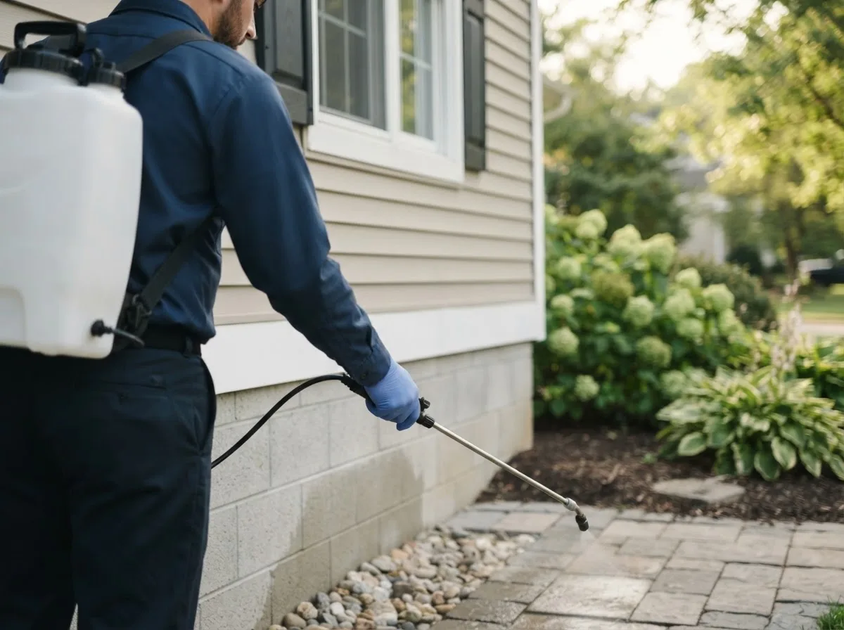 Pest control technician inspecting a home in Rockville, MO